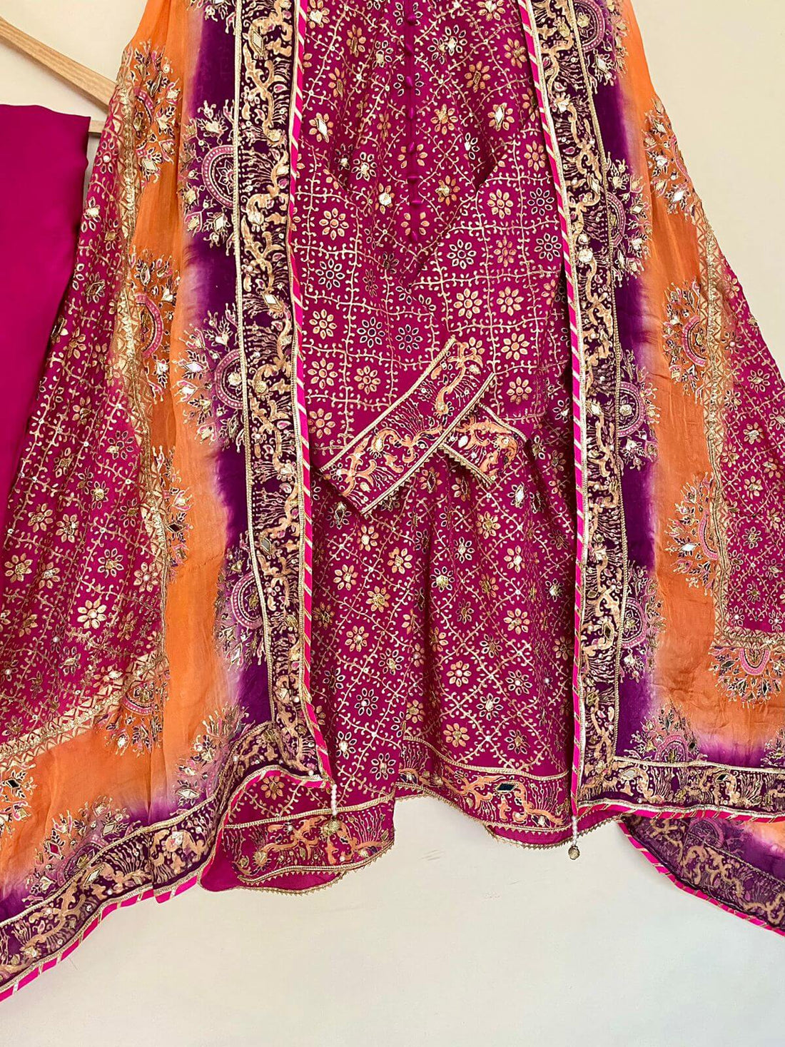 Stitched Rouge Pink & Three Shaded Dupatta Raw Silk Suit