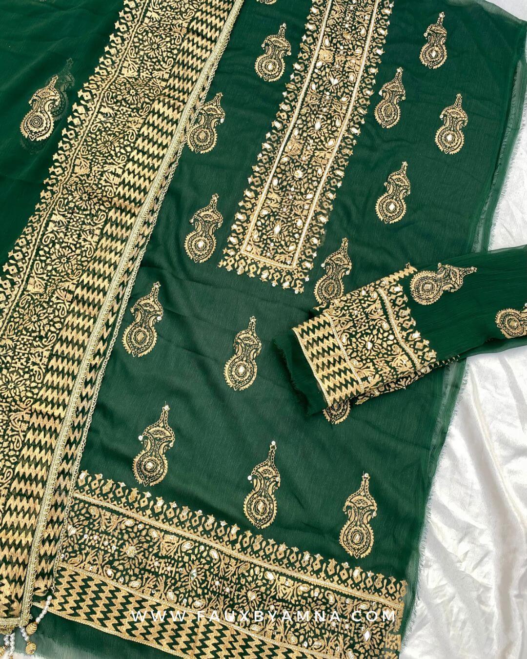 Unstitched Bottle Green Chiffon Shirt & Dupatta