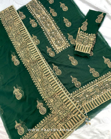 Unstitched Bottle Green Chiffon Shirt & Dupatta