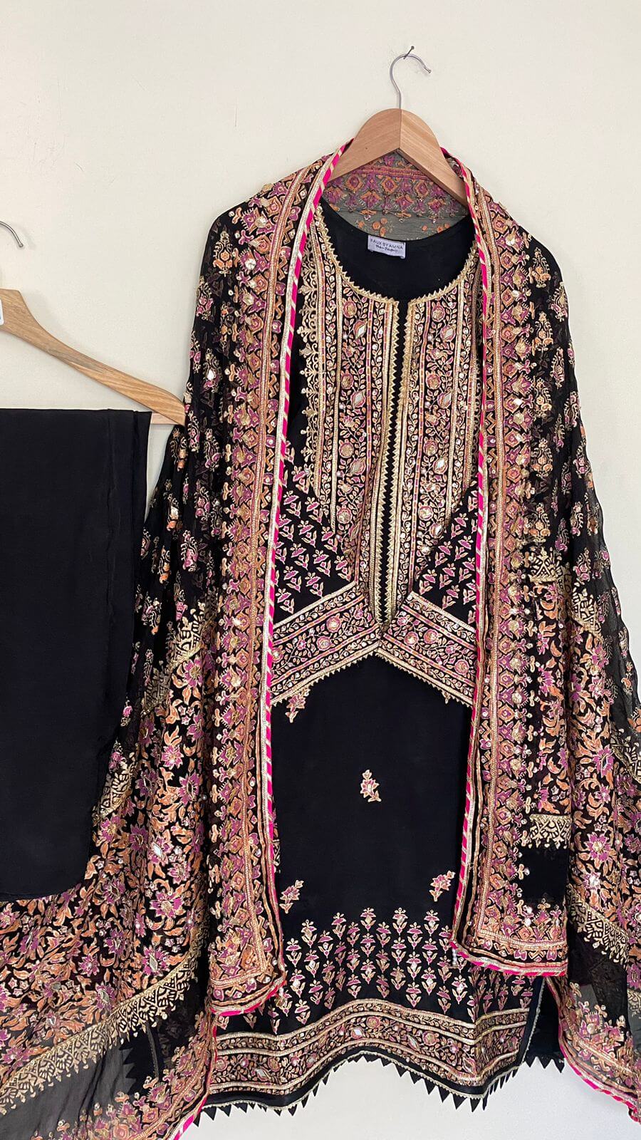 Stitched Jet Black Embellished Raw Silk Suit