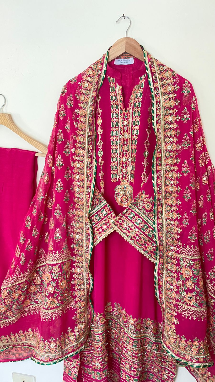 Stitched Shocking Pink Embellished Raw Silk Suit