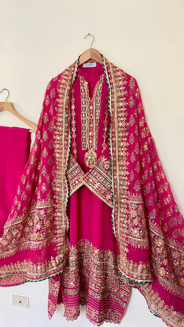 Stitched Shocking Pink Embellished Raw Silk Suit