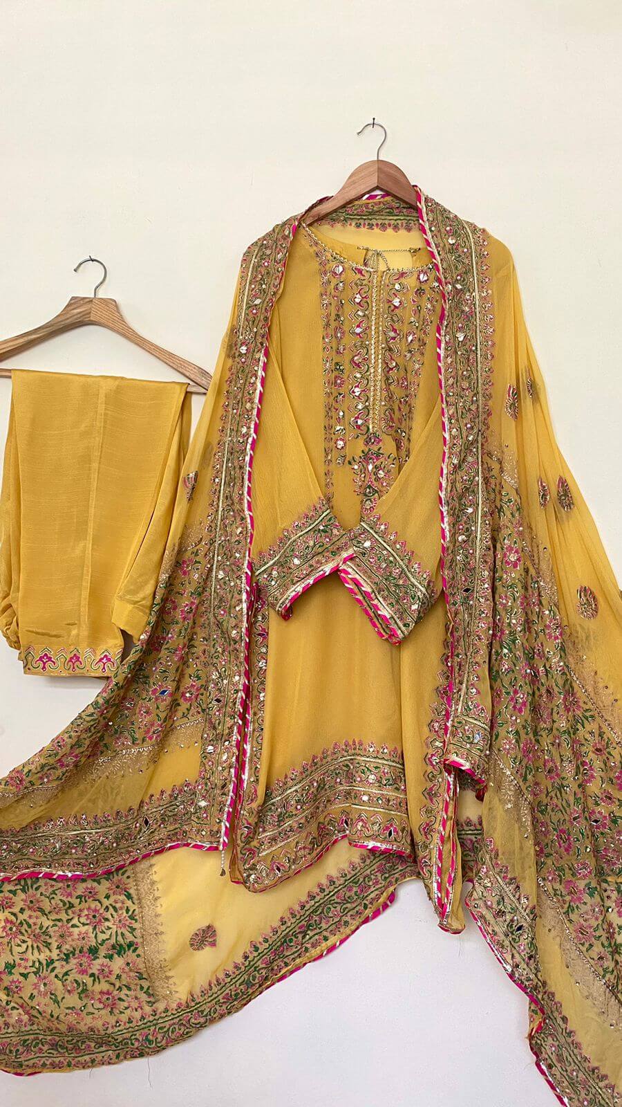 Stitched Mayoun Yellow Chiffon Suit