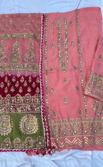 Peach Multi Dupatta Raw Silk Set