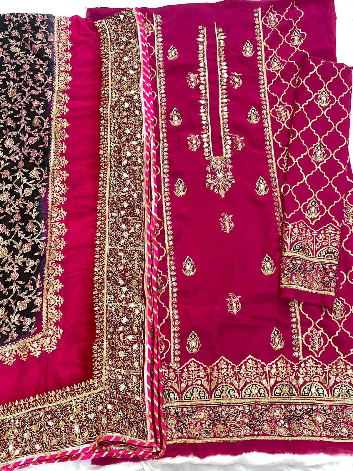 Magenta Pink Multi Dupatta Raw Silk Set