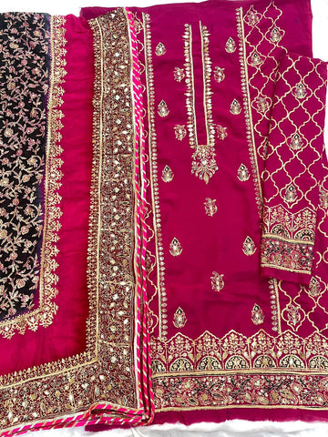 Magenta Pink Multi Dupatta Raw Silk Set