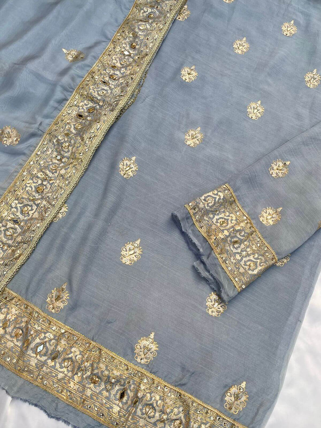 Gray Blue Embellished Raw Silk Set