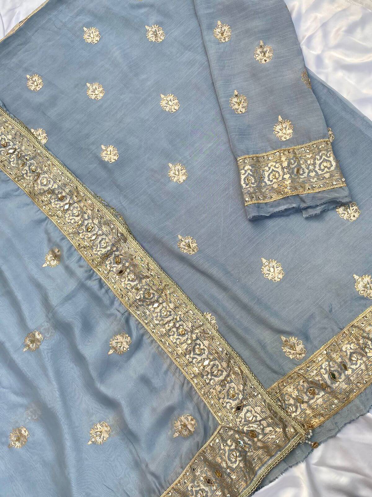 Gray Blue Embellished Raw Silk Set