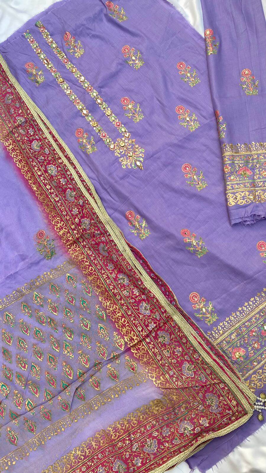 Lavender Embellished Cotton-Lawn Suit With Two-Shaded Dupatta