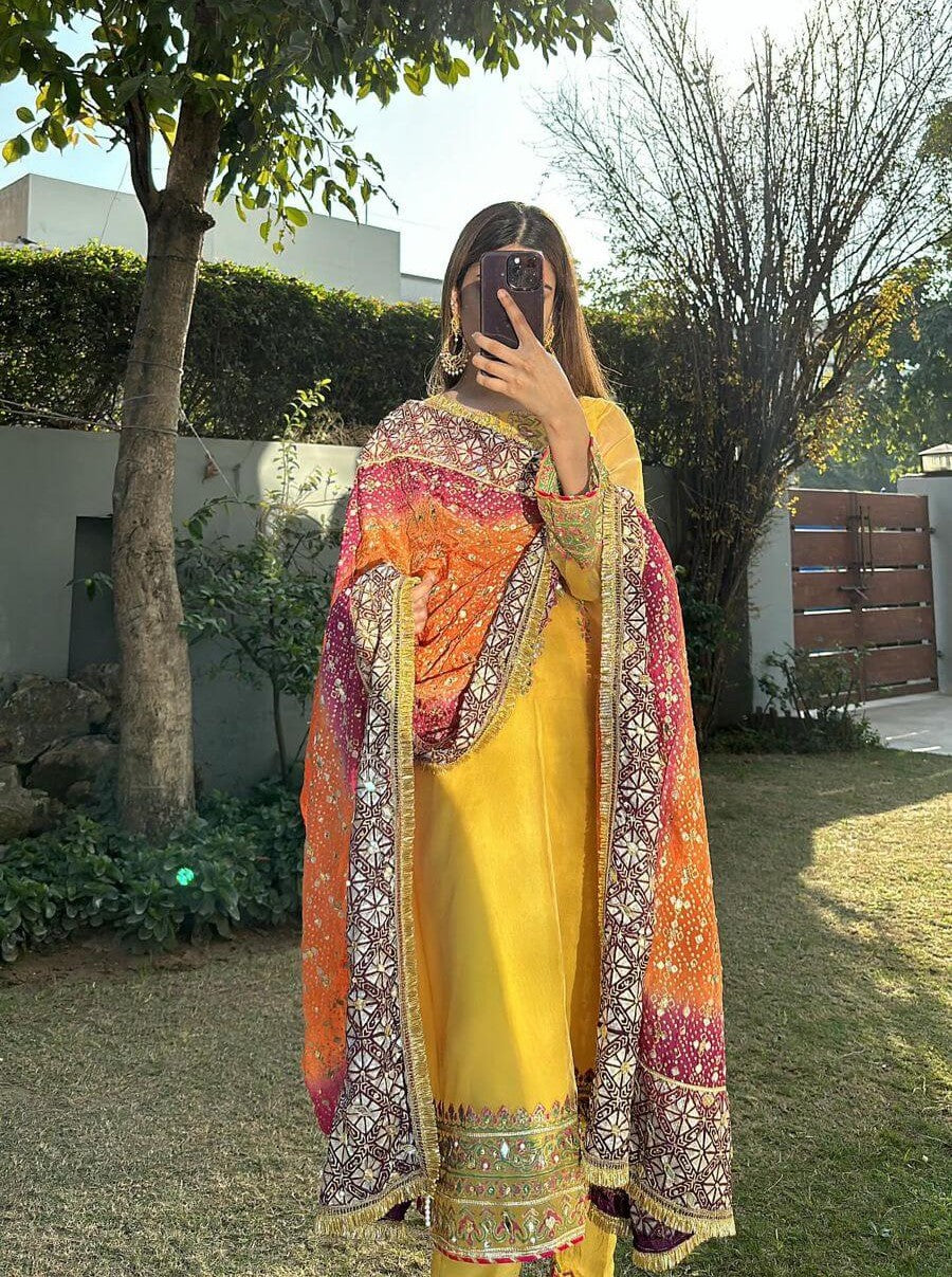 Stitched Mayoun Yellow Chiffon Suit