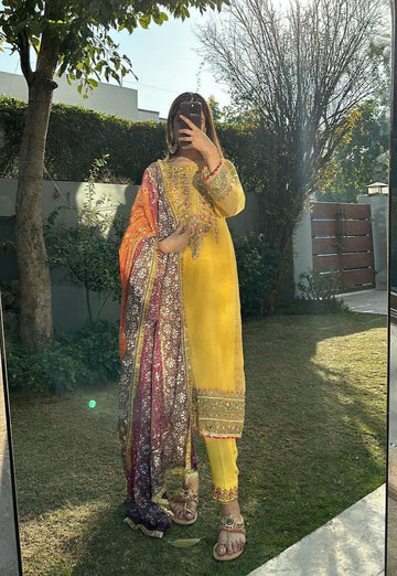 Stitched Mayoun Yellow Chiffon Suit