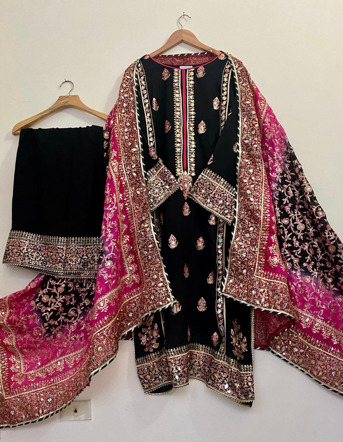 Stitched Black & Three Shaded Dupatta Raw Silk Suit