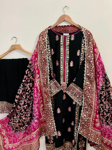 Stitched Black & Three Shaded Dupatta Raw Silk Suit