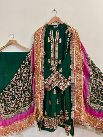 Stitched Bottle Green & Pink Shaded Dupatta Raw Silk Suit