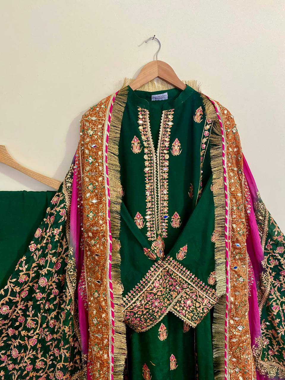 Stitched Bottle Green & Pink Shaded Dupatta Raw Silk Suit