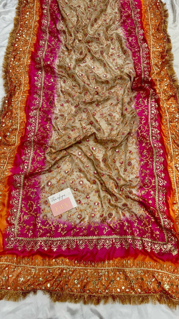 Pink, Beige, Orange Multi China Silk Dupatta