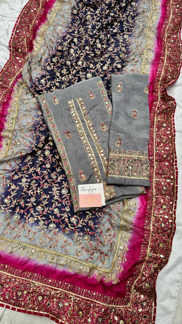 Grey Multi Dupatta Raw Silk Set