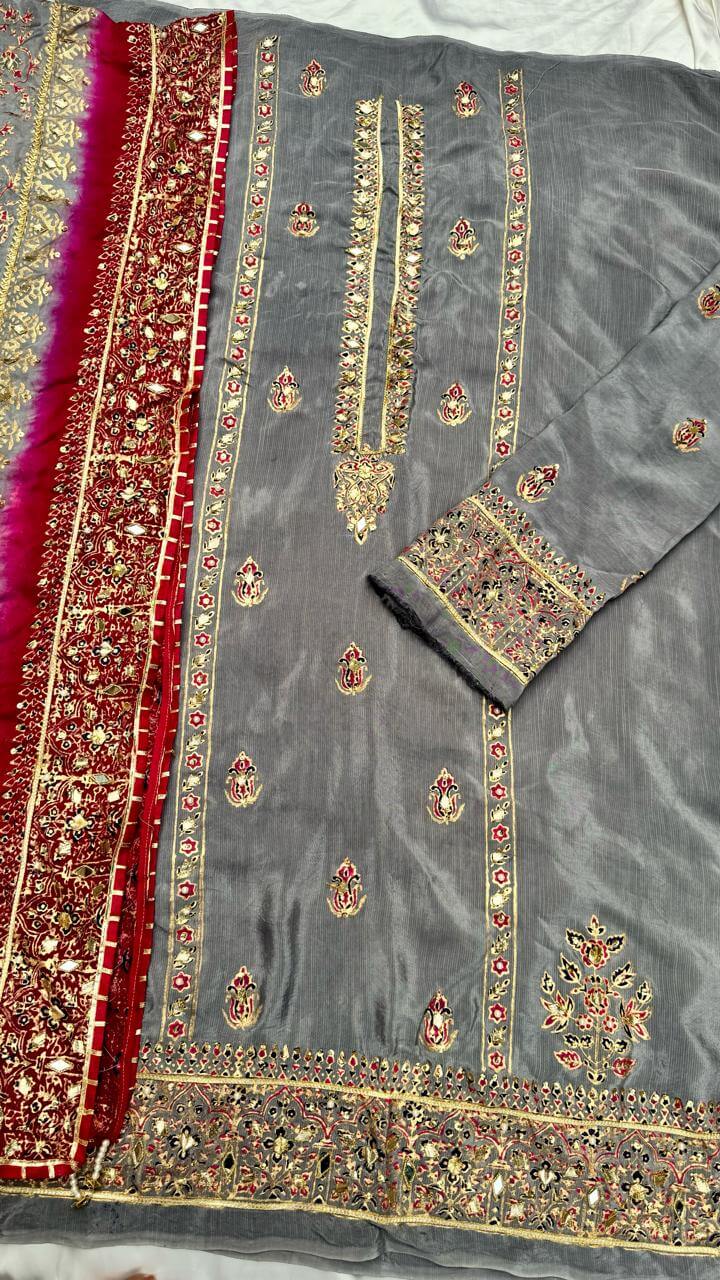 Grey Multi Dupatta Raw Silk Set