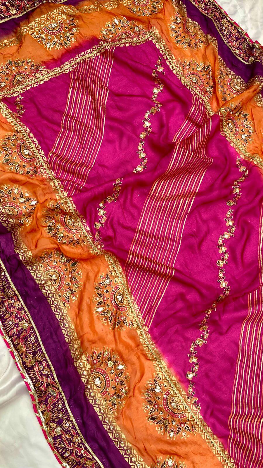 Orange, Pink, Purple Multi China Silk Dupatta