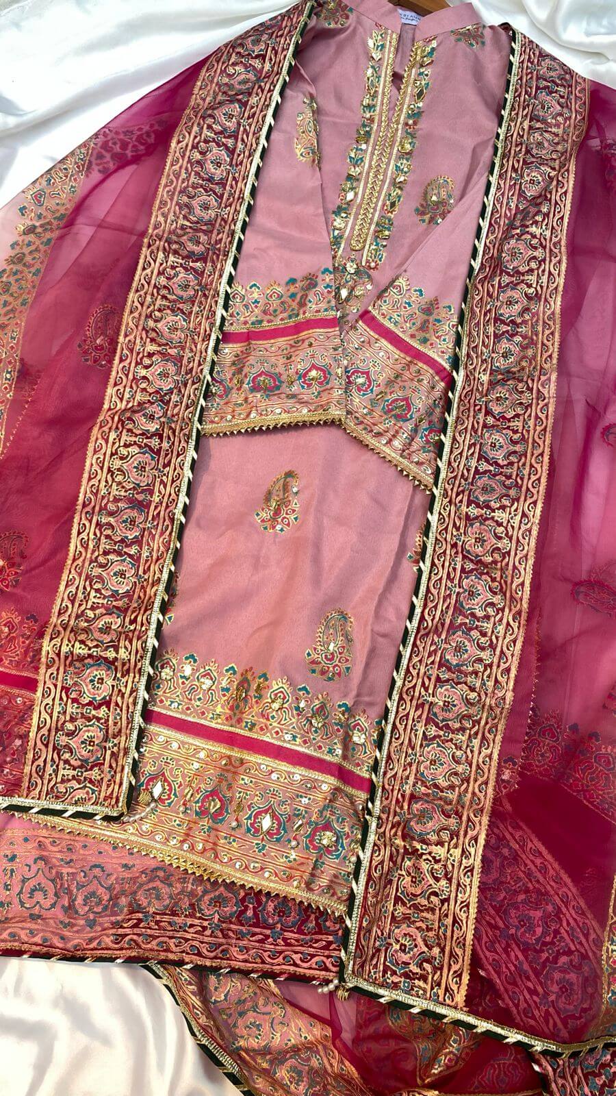 Stitched Pink Two Shaded Dupatta Katan Silk Suit