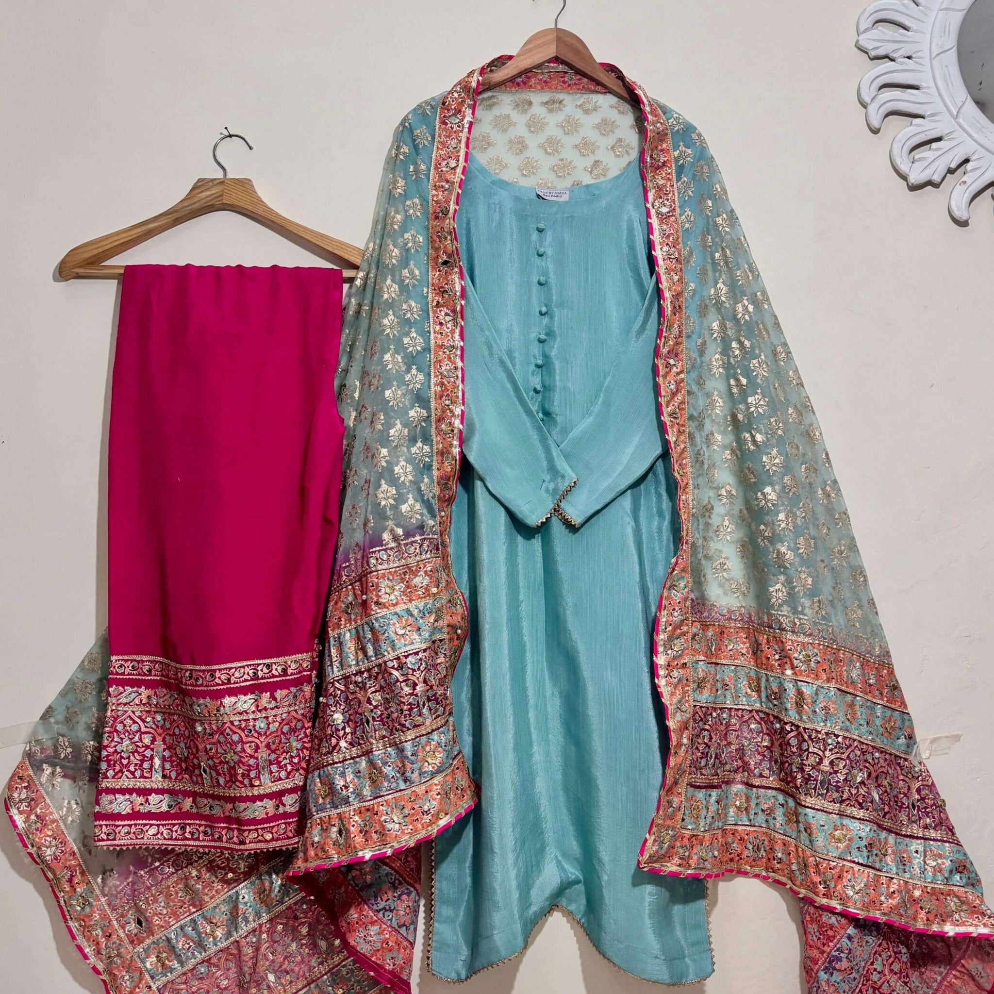 Stitched Ice Blue & Pink Shaded Dupatta Raw Silk Suit