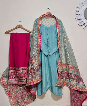 Stitched Ice Blue & Pink Shaded Dupatta Raw Silk Suit