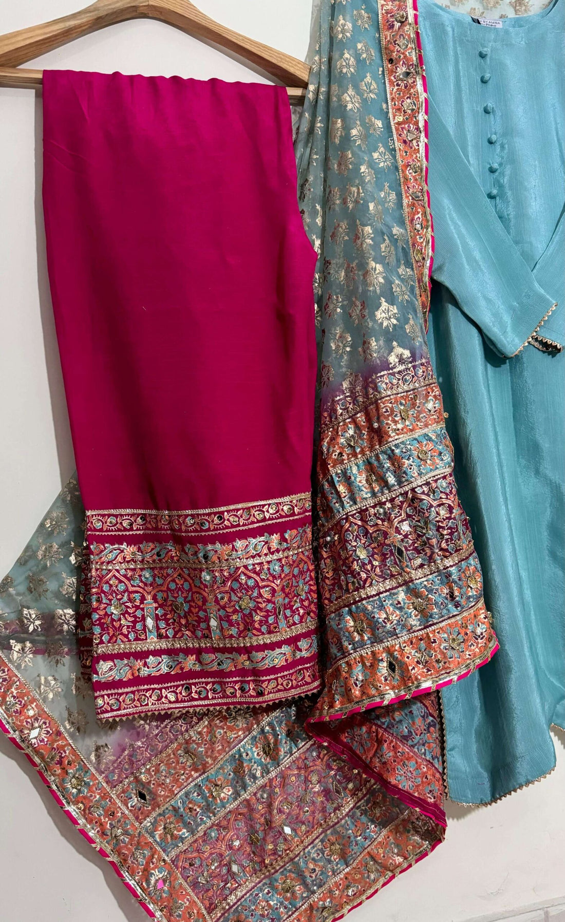 Stitched Ice Blue & Pink Shaded Dupatta Raw Silk Suit