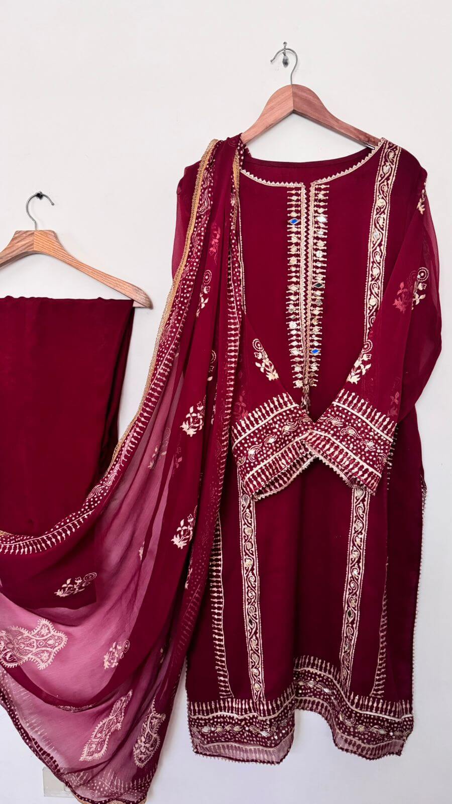 Stitched Maroon Embellished Chiffon Suit