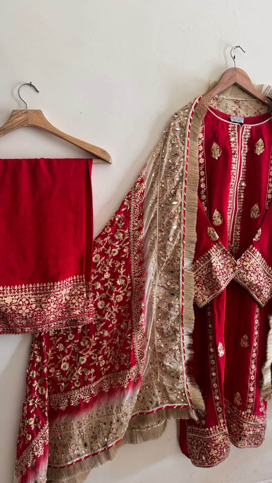 Stitched Blood Red Three Shaded Dupatta Raw Silk Suit