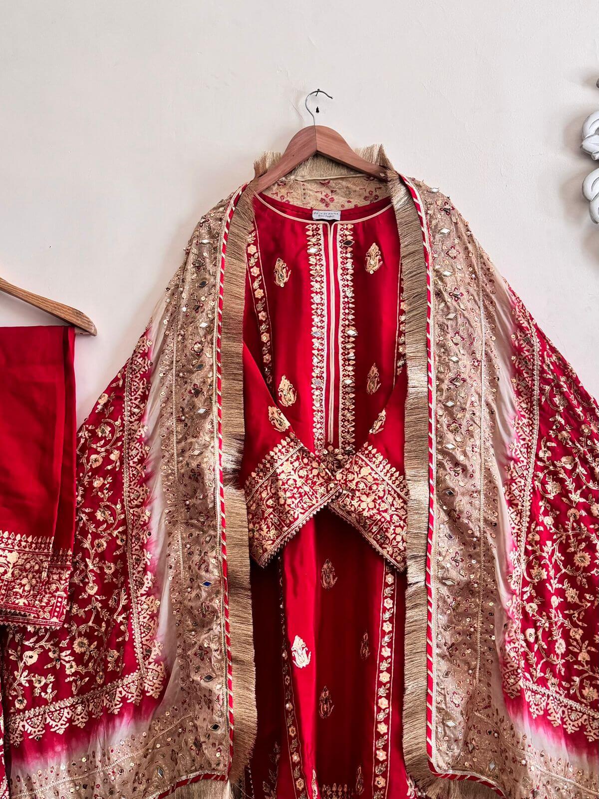 Stitched Blood Red Three Shaded Dupatta Raw Silk Suit