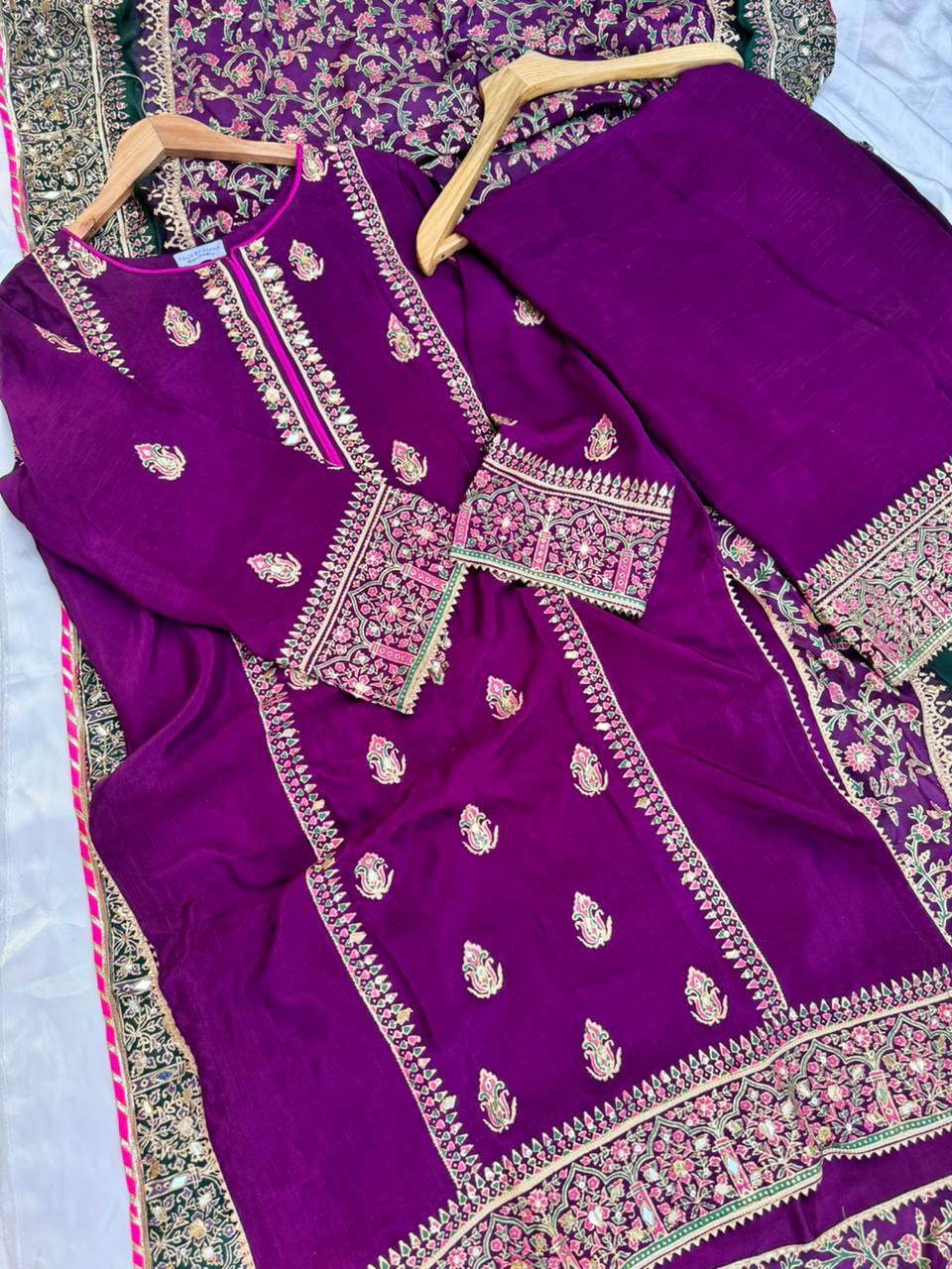 Stitched Violet Three Shaded Dupatta Raw Silk Suit