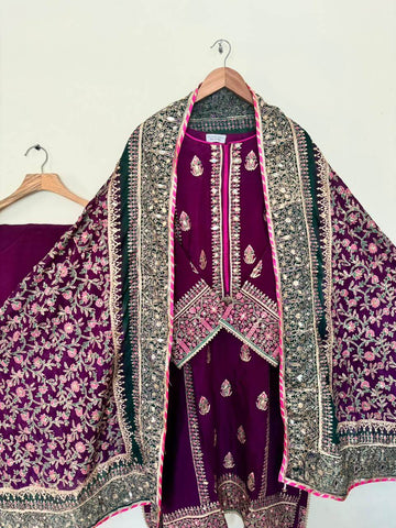 Stitched Violet Three Shaded Dupatta Raw Silk Suit