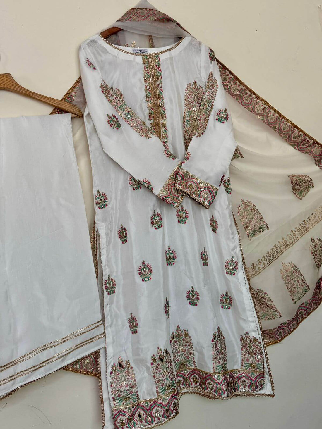 Stitched Pearl White Raw Silk Suit