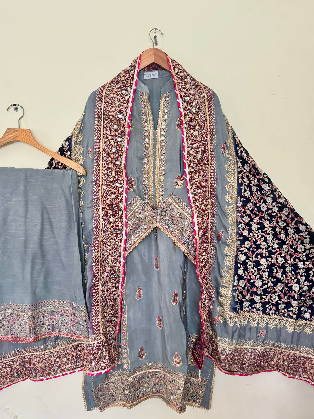 Stitched Grey Three-Shaded Raw Silk Suit