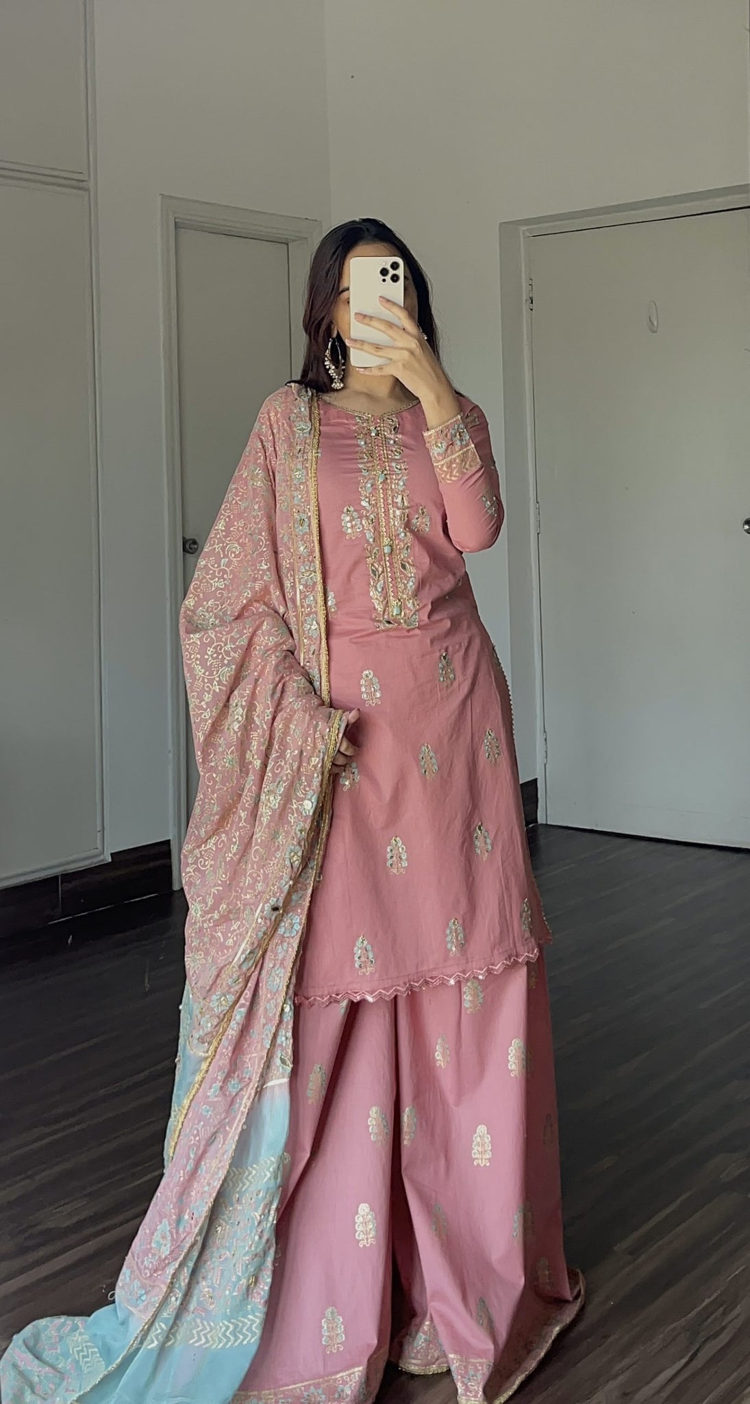 Stitched Pink Embellished Lawn Suit With Two-Shaded Dupatta & Sharara Pants