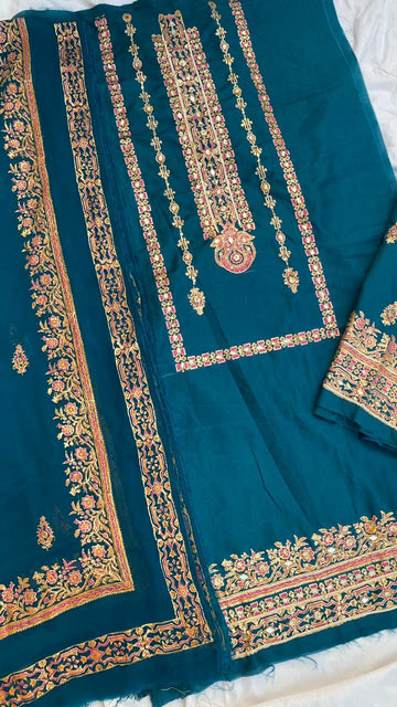 Embellished Katan Silk Teal Suit