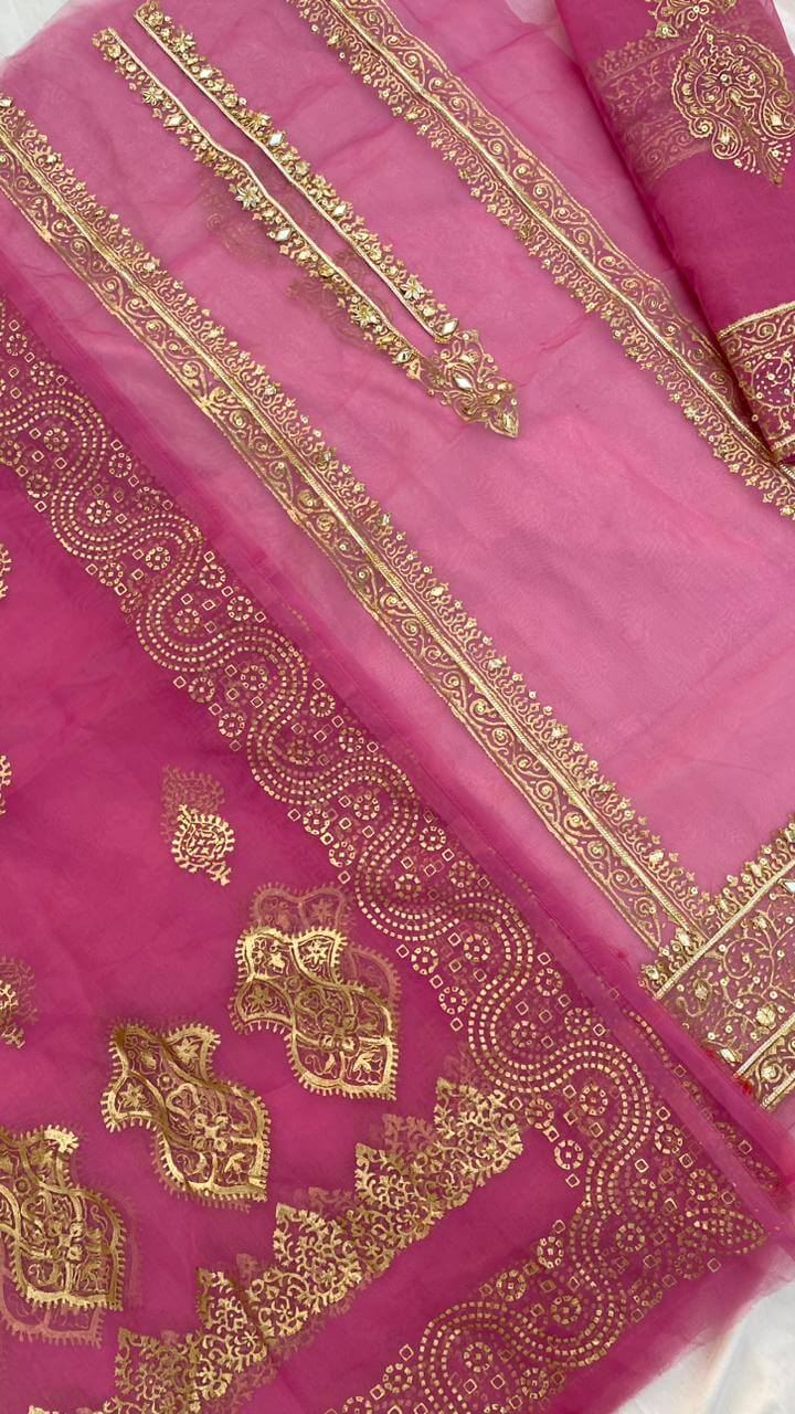 Party Pink Organza Embellished Shirt & Dupatta