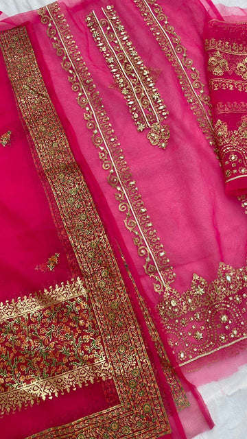 Shocking Pink Organza Embellished Shirt & Dupatta