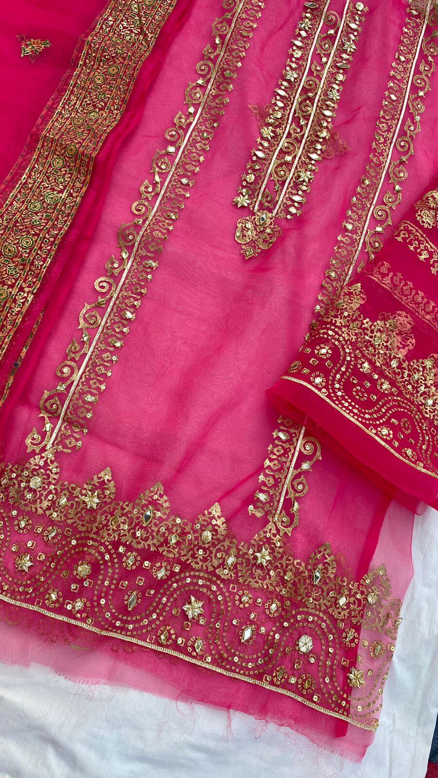 Shocking Pink Organza Embellished Shirt & Dupatta