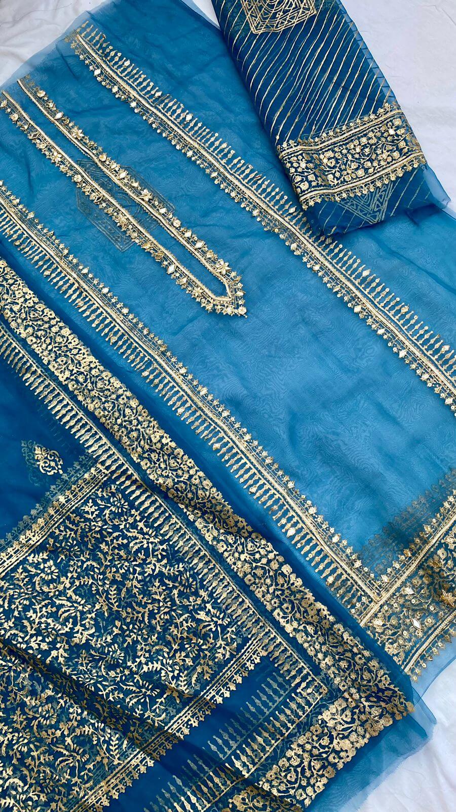 Teal Organza Embellished Shirt & Dupatta