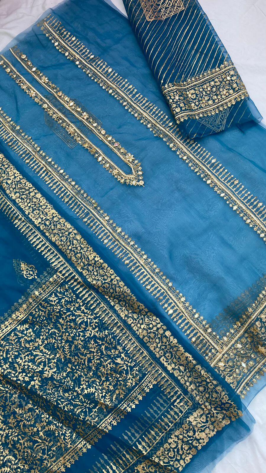 Teal Organza Embellished Shirt & Dupatta