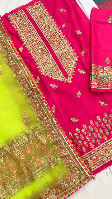 Embellished Katan Silk Hot Pink & Lime Green Suit