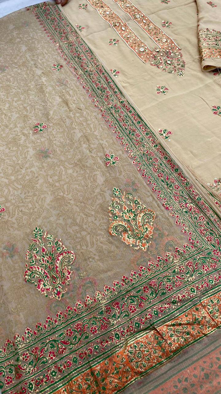 Beige Embellished Pakistani Raw Silk Suit