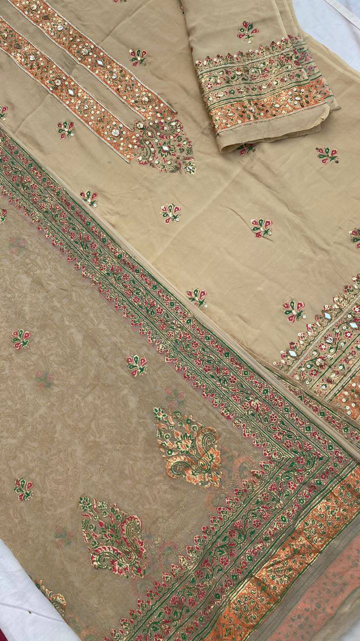 Beige Embellished Pakistani Raw Silk Suit