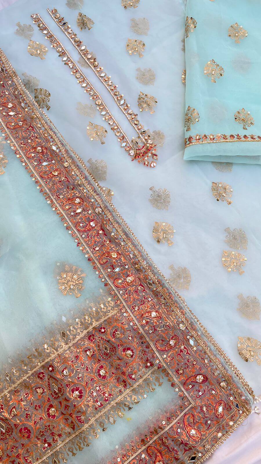 Ice Blue Organza Embellished Shirt & Embellished Dupatta