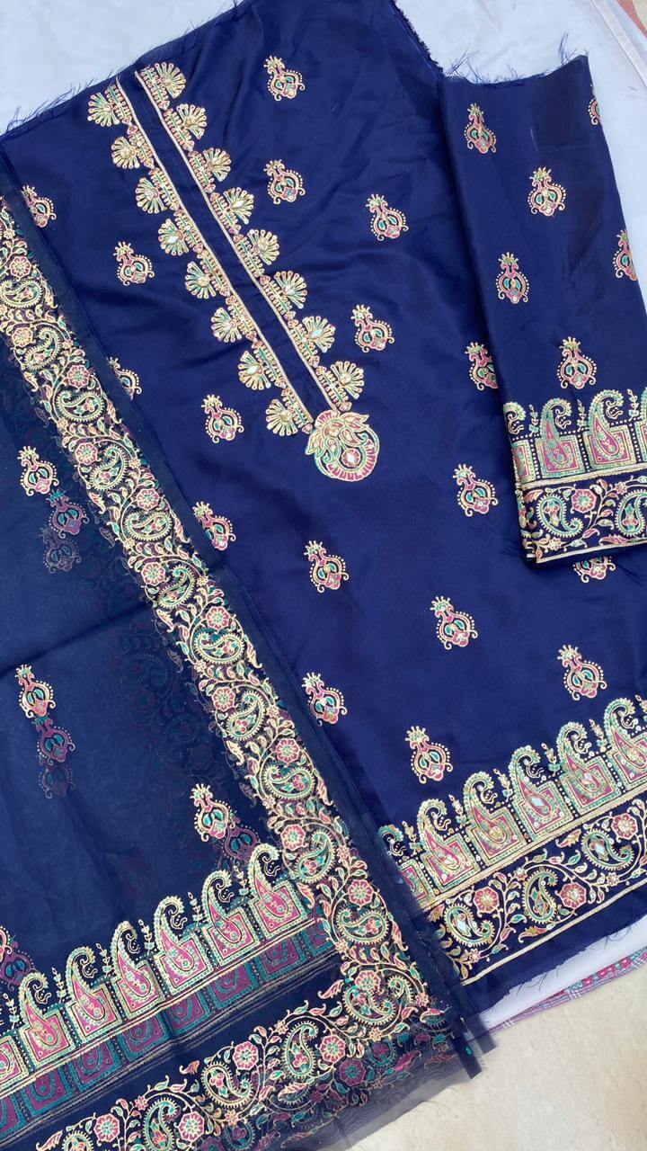 Royal Blue Embellished Silk Suit