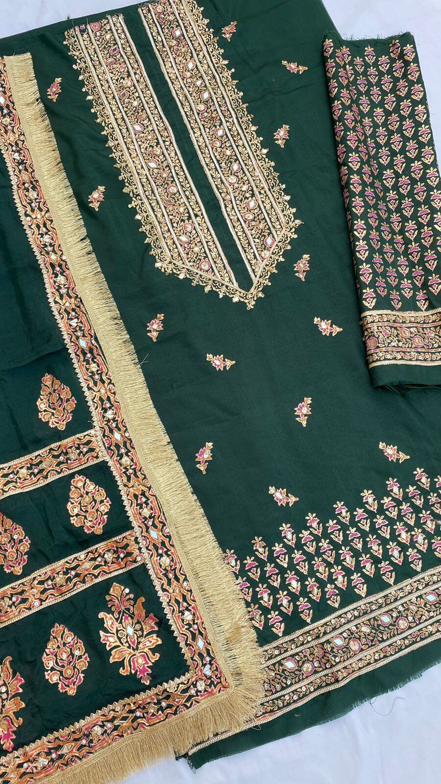 Embellished Katan Silk Bottle Green Suit With Silk Dupatta