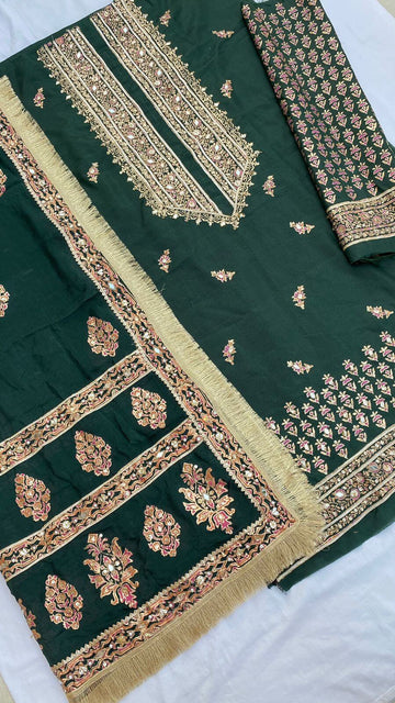 Embellished Katan Silk Bottle Green Suit With Silk Dupatta