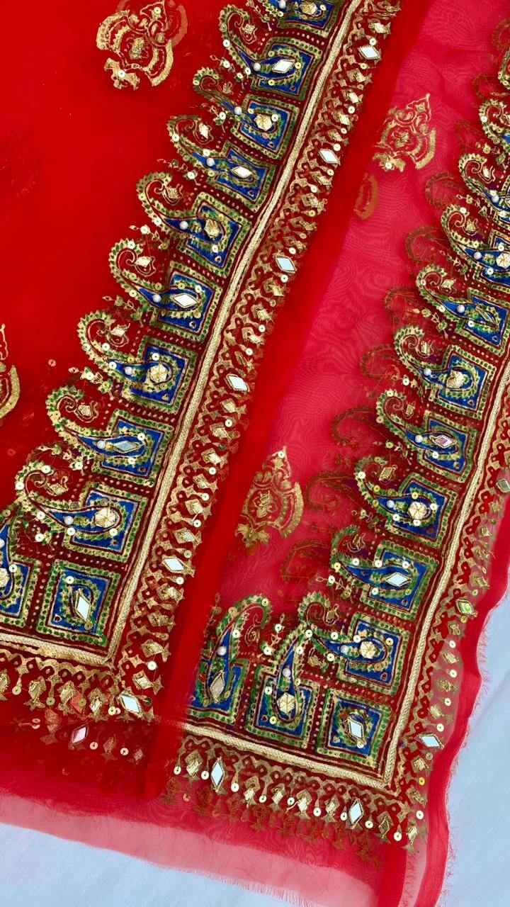 Red Embellished Organza Dupatta