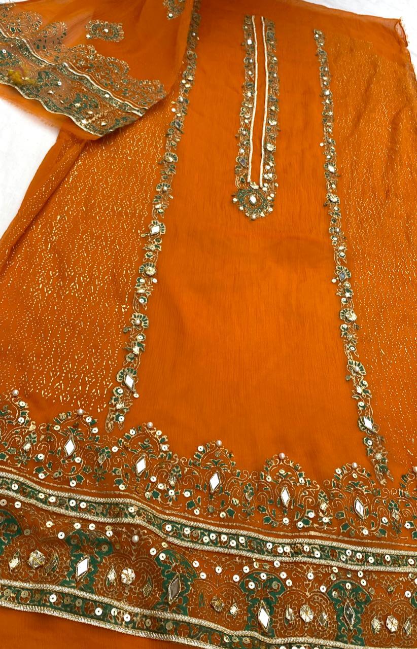 Unstitched Orange & Green Chiffon Suit